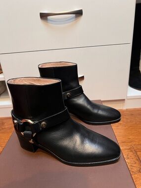 Classic Black Leather Ankle Boot with Metal Harness Detail